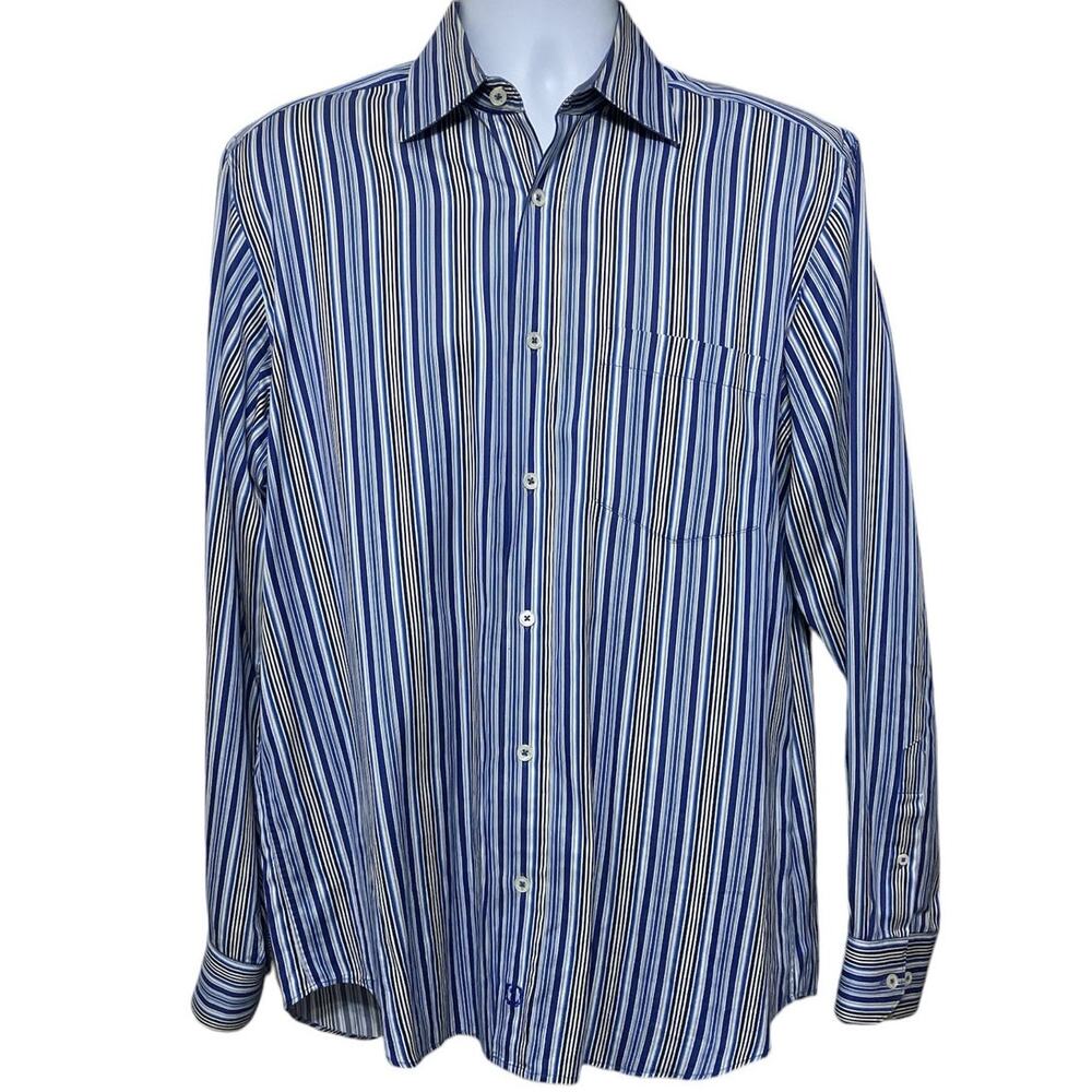 Bugatchi Striped Dress Shirt Blue Large